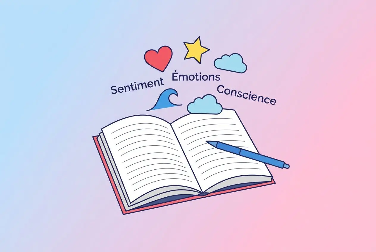 Cahier ouvert avec crayon bleu, entouré de nuages et symboles Emotion, Sentiment et Conscience, suggérant la reconnexion à ses émotions. se reconnecter à ses émotio