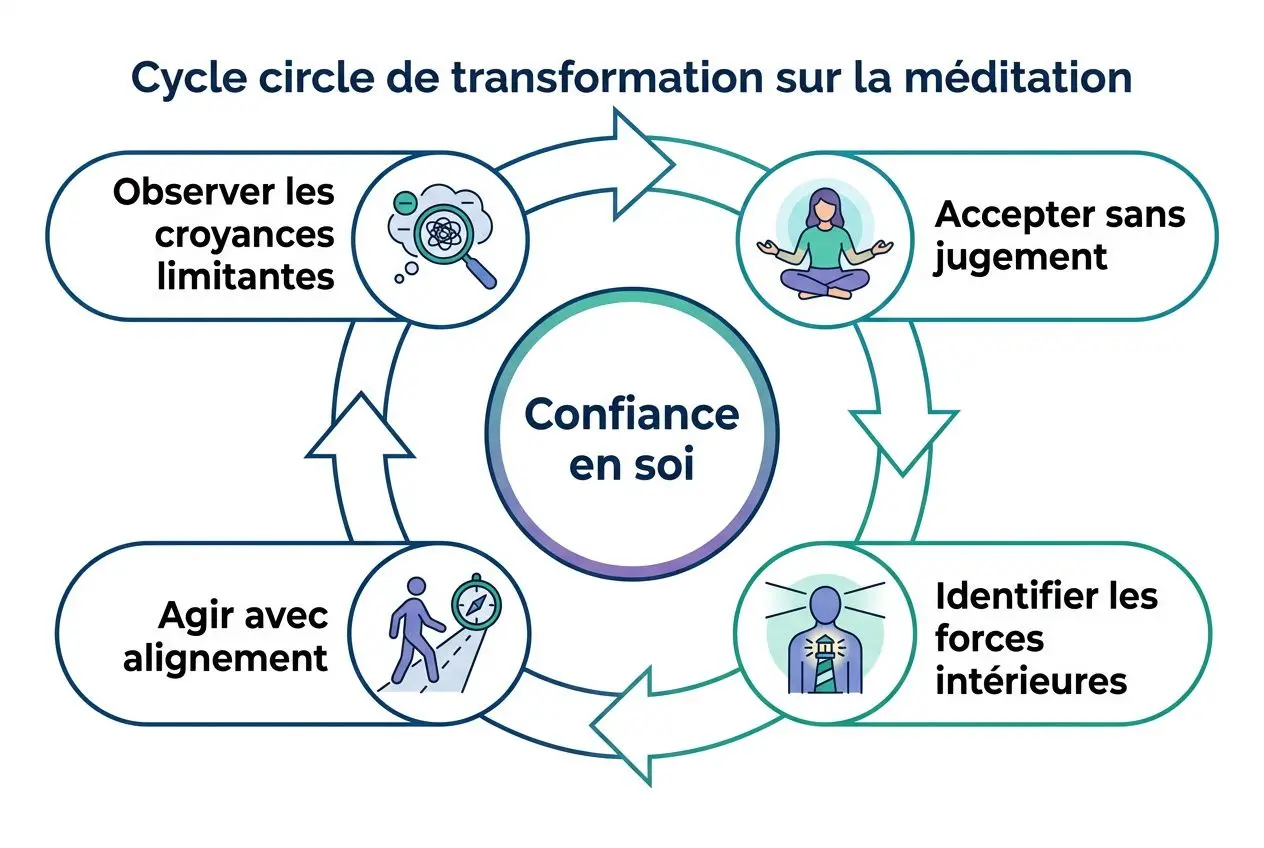 Cycle de transformation sur la méditation: concentre sur la conscience de soi et l’observation des croyances limitantes.