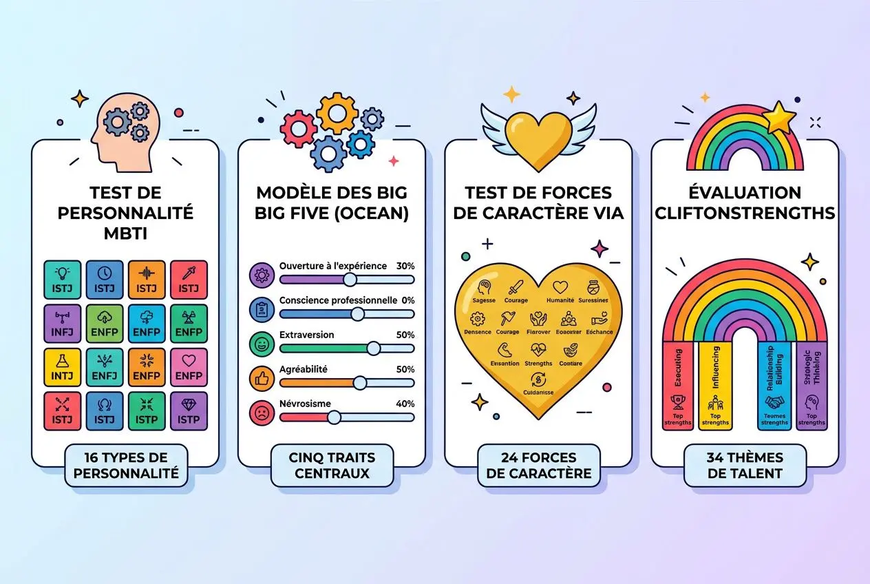 Diagramme illustrant des outils pour découvrir ses talents: tests MBTI, modèle des Big Five, test de forces, et évaluation des talents, avec des icônes colorées et un arc-en-ciel. Intègre aussi le concept de « comment découvrir ses talents ».