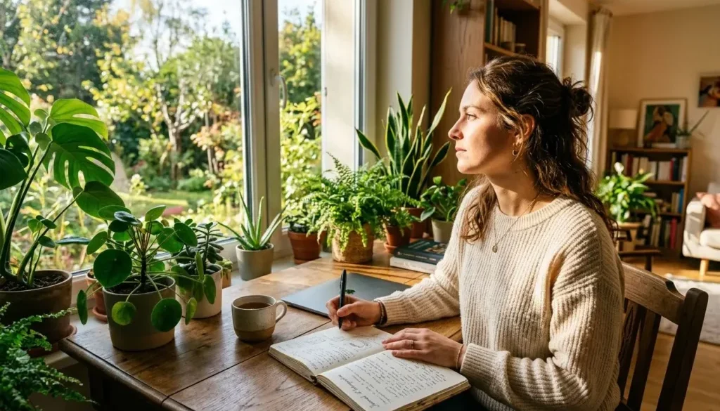 Femme assise près d’une fenêtre, écrivant dans un carnet, entourée de plantes et de lumière naturelle. Elle réfléchit, prêt à découvrir ses talents et son potentiel. #comment découvrir ses talents