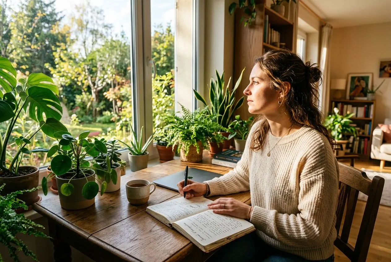 Femme assise près d’une fenêtre, écrivant dans un carnet, entourée de plantes et de lumière naturelle. Elle réfléchit, prêt à découvrir ses talents et son potentiel. #comment découvrir ses talents