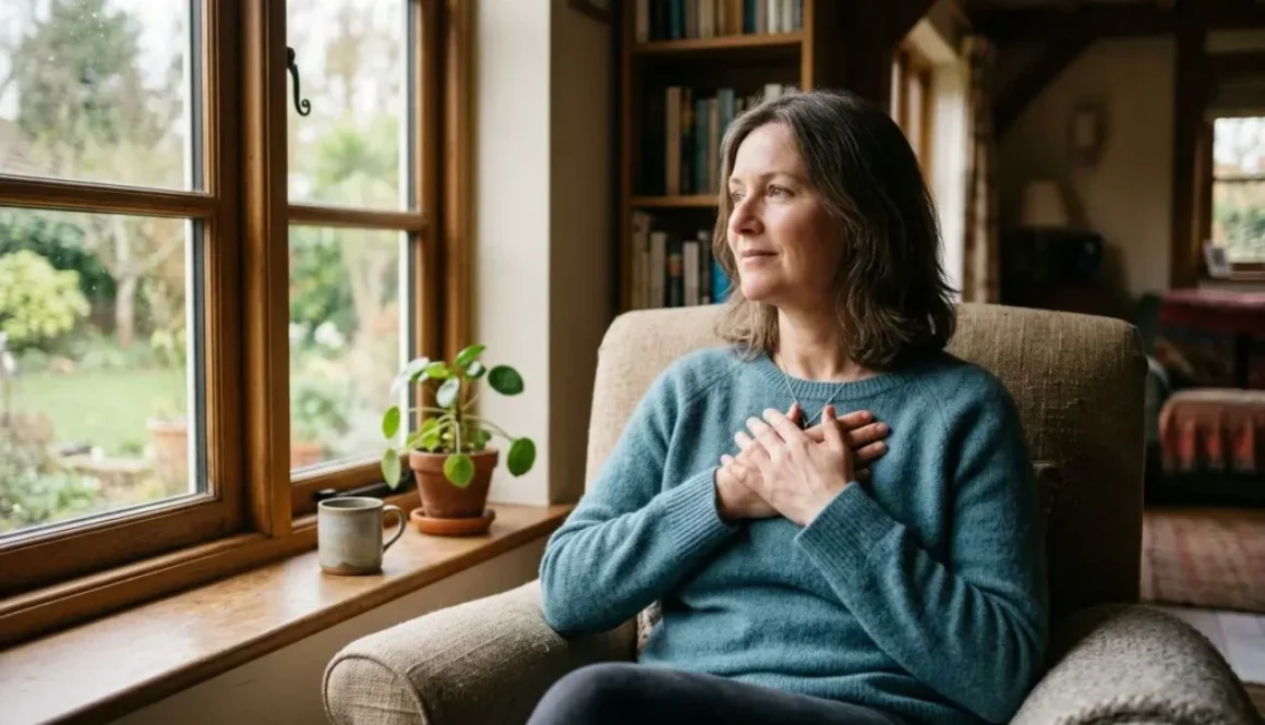 Femme assise près d’une fenêtre, mains sur la poitrine, regard pensif. Ambiance calme et chaleureuse, plantes et bibliothèque en arrière-plan. se reconnecter à ses émotio