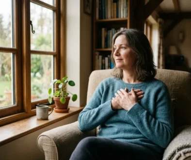 Femme assise près d’une fenêtre, mains sur la poitrine, regard pensif. Ambiance calme et chaleureuse, plantes et bibliothèque en arrière-plan. se reconnecter à ses émotio