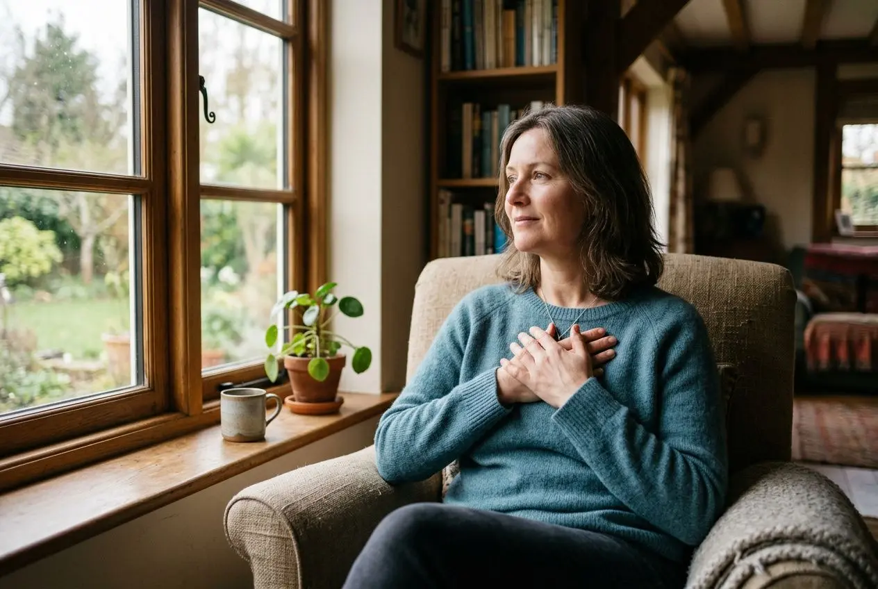 Femme assise près d’une fenêtre, mains sur la poitrine, regard pensif. Ambiance calme et chaleureuse, plantes et bibliothèque en arrière-plan. se reconnecter à ses émotio