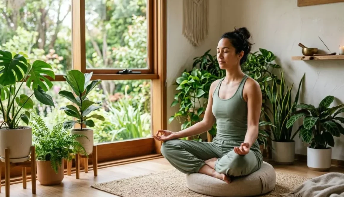 Femme méditant en lotus dans une lumière naturelle, entourée de plantes d’intérieur; pratique calme favorisant méditation et connaissance de soi.