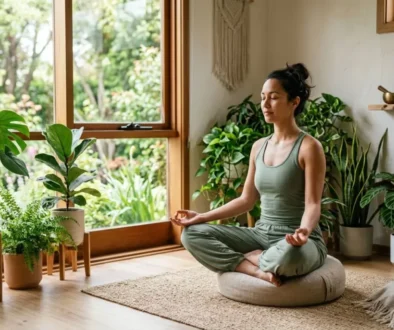 Femme méditant en lotus dans une lumière naturelle, entourée de plantes d’intérieur; pratique calme favorisant méditation et connaissance de soi.
