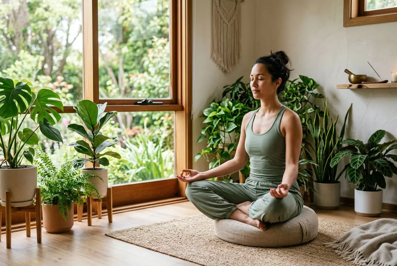 Femme méditant en lotus dans une lumière naturelle, entourée de plantes d’intérieur; pratique calme favorisant méditation et connaissance de soi.