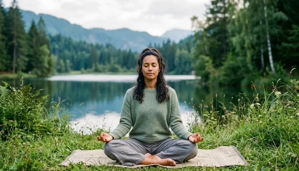Femme méditant en plein air près d’un lac, entourée de verdure et de montagnes, prêtant attention à sa respiration et à la paix intérieure. la connaissance de soi est-elle possible?