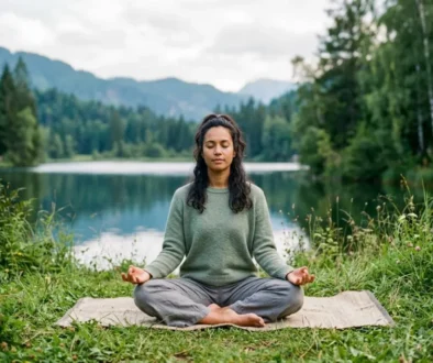 Femme méditant en plein air près d’un lac, entourée de verdure et de montagnes, prêtant attention à sa respiration et à la paix intérieure. la connaissance de soi est-elle possible?