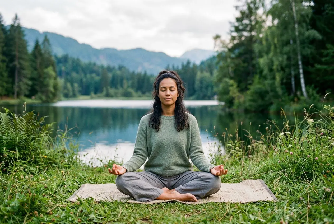 Femme méditant en plein air près d’un lac, entourée de verdure et de montagnes, prêtant attention à sa respiration et à la paix intérieure. la connaissance de soi est-elle possible?