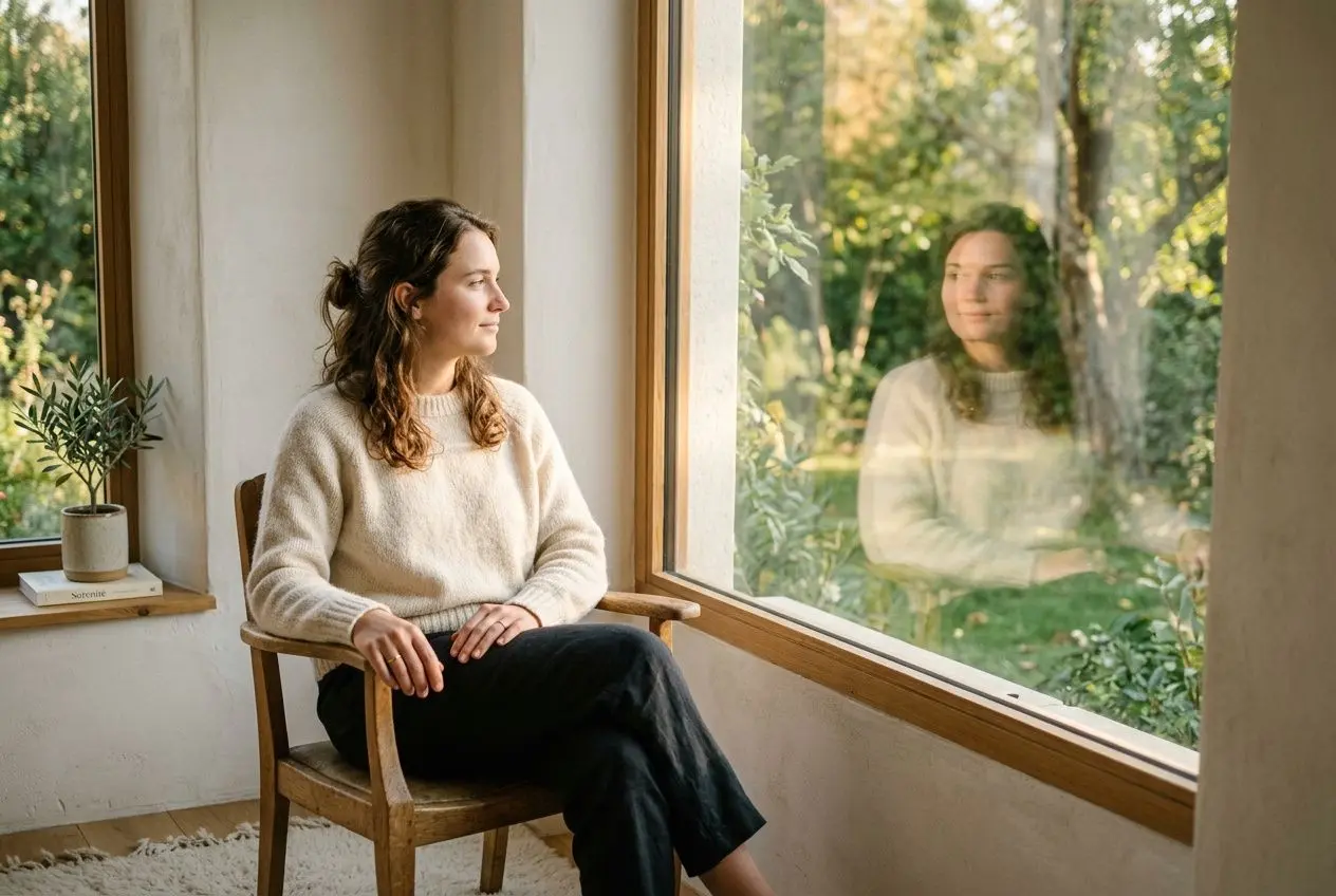 Femme regardant son reflet avec sérénité