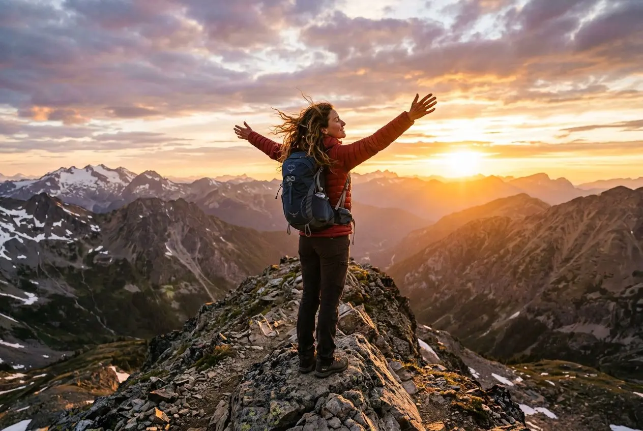 Homme ou femme en montagne, bras ouverts sur un sommet rocheux au coucher du soleil, symbolisant la confiance en soi et l’épanouissement, les 4 piliers de la confiance en soi.