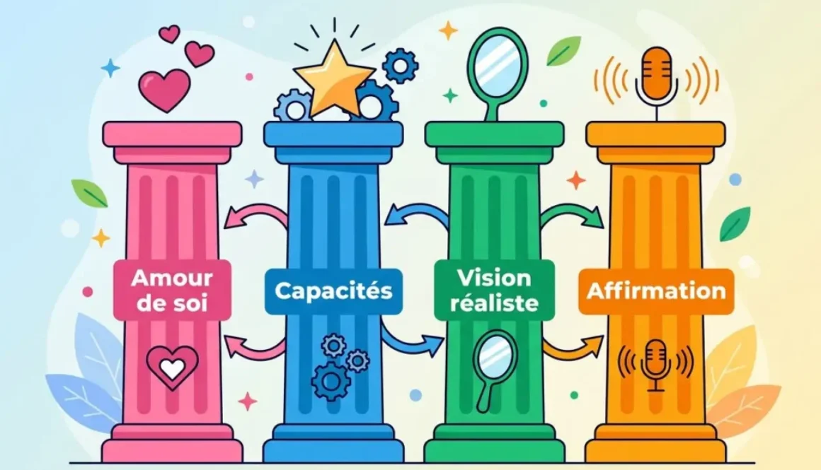 Quatre colonnes colorées symbolisant les piliers de la confiance: Amour de soi, Capacités, Vision réaliste et Affir mation, en échos vers les 4 piliers de la confiance en soi.