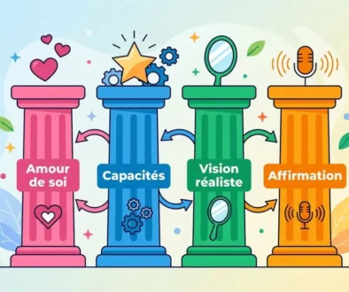 Quatre colonnes colorées symbolisant les piliers de la confiance: Amour de soi, Capacités, Vision réaliste et Affir mation, en échos vers les 4 piliers de la confiance en soi.