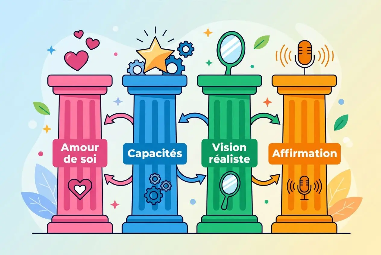 Quatre colonnes colorées symbolisant les piliers de la confiance: Amour de soi, Capacités, Vision réaliste et Affir mation, en échos vers les 4 piliers de la confiance en soi.