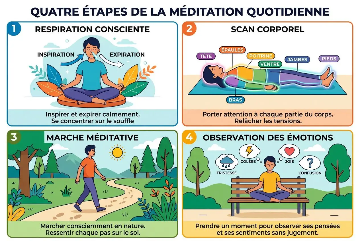 Quatre étapes simples de méditation quotidienne: respiration consciente, scan corporel, marche méditative et observation des émotions. Méditation et connaissance de soi.