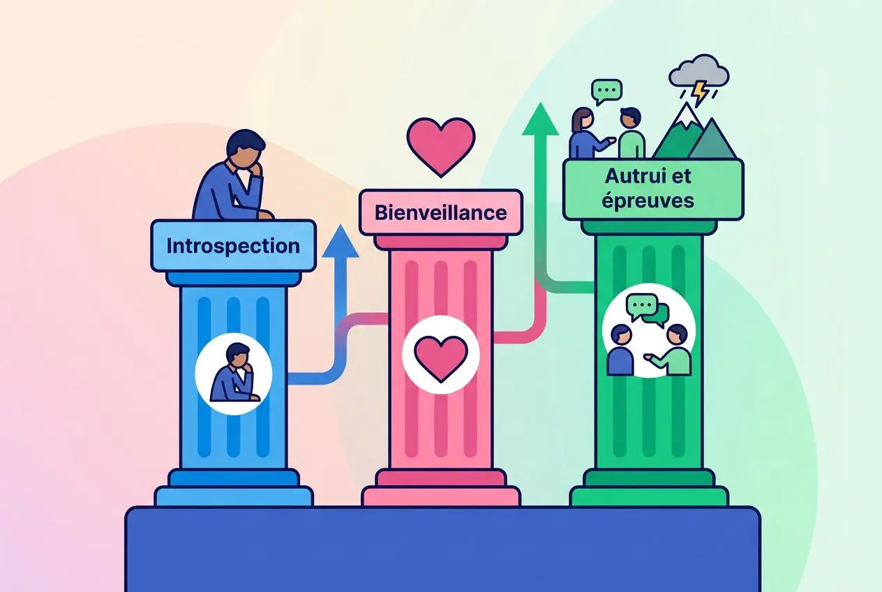 Trois colonnes illustrant l’introspection, la bienveillance et les échanges avec autrui, symbole des étapes de la connaissance de soi est-elle possible.