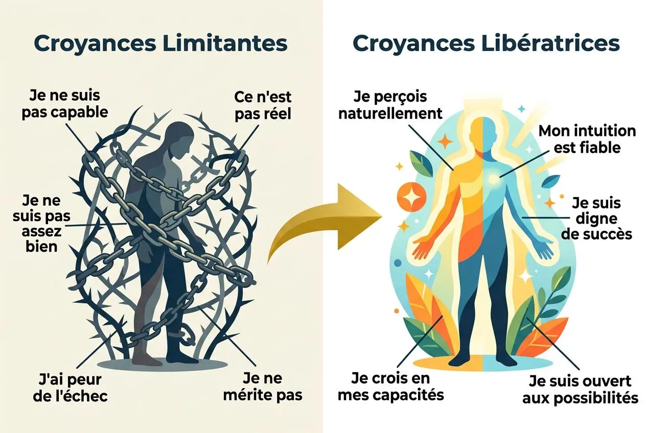 Alt: Diagramme montrant deux visions: “Croyances Limitantes” entravant un individu sur des chaînes et “Croyances Libératrices” lui permettant d’éveiller ses capacités et son intuition.