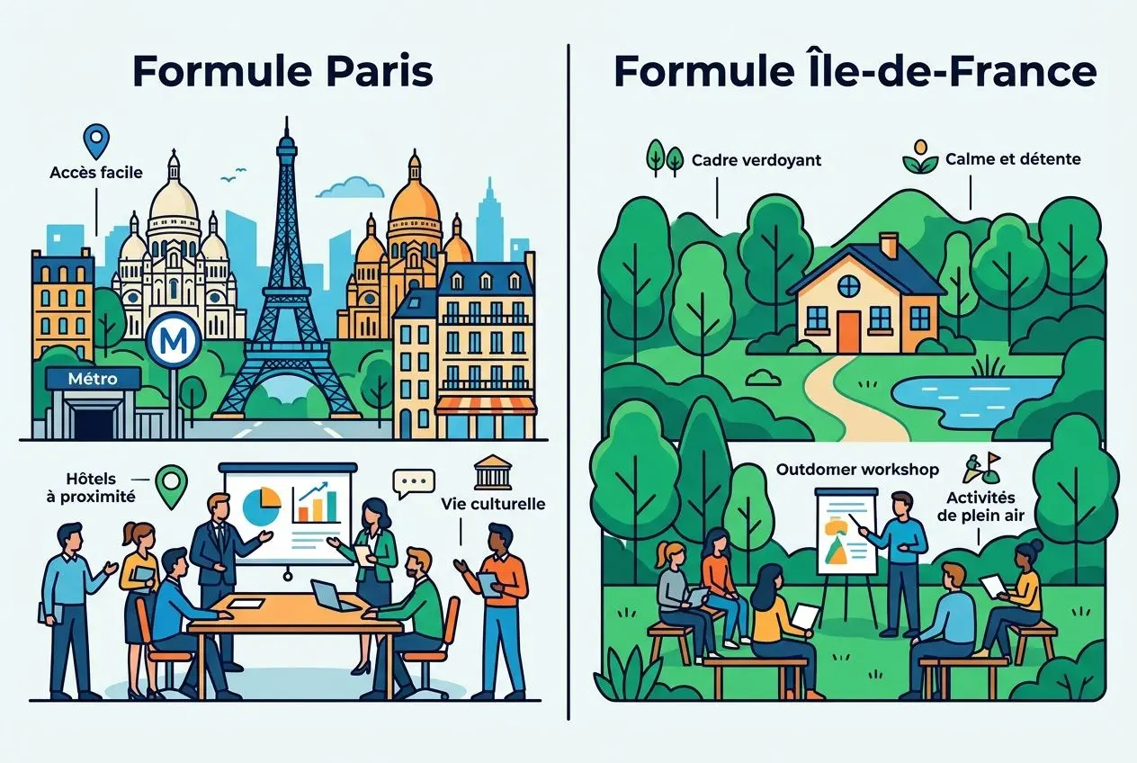 Atelier développement personnel Paris : groupe, cadre verdoyant, séance de coaching en plein air et atelier collaboratif près de Paris.