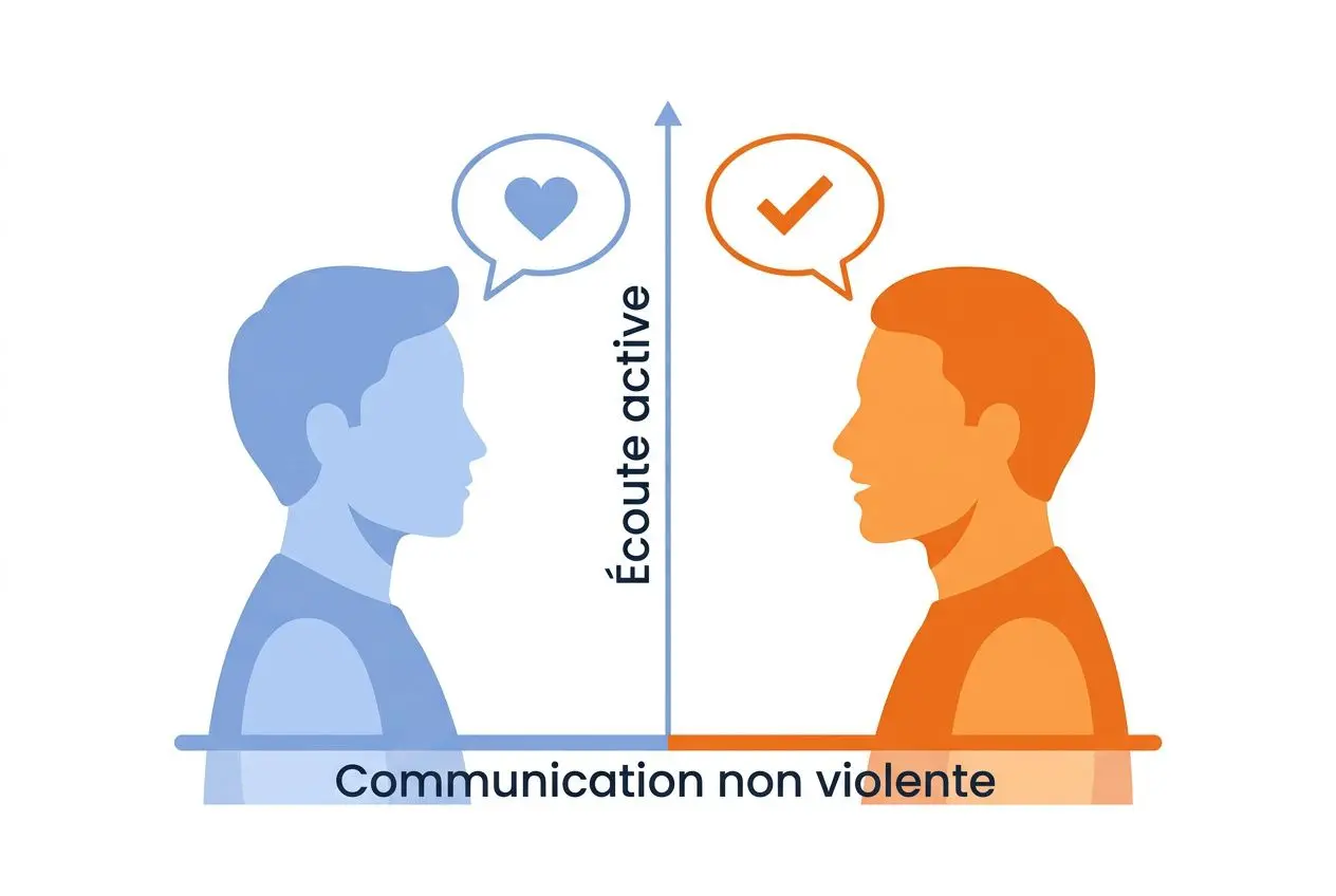 Deux personnes en face-à-face avec flèches et icônes de communication non violente, symbolisant l’écoute active et le dialogue respectueux, axes le pourquoi faire du développement personnel.