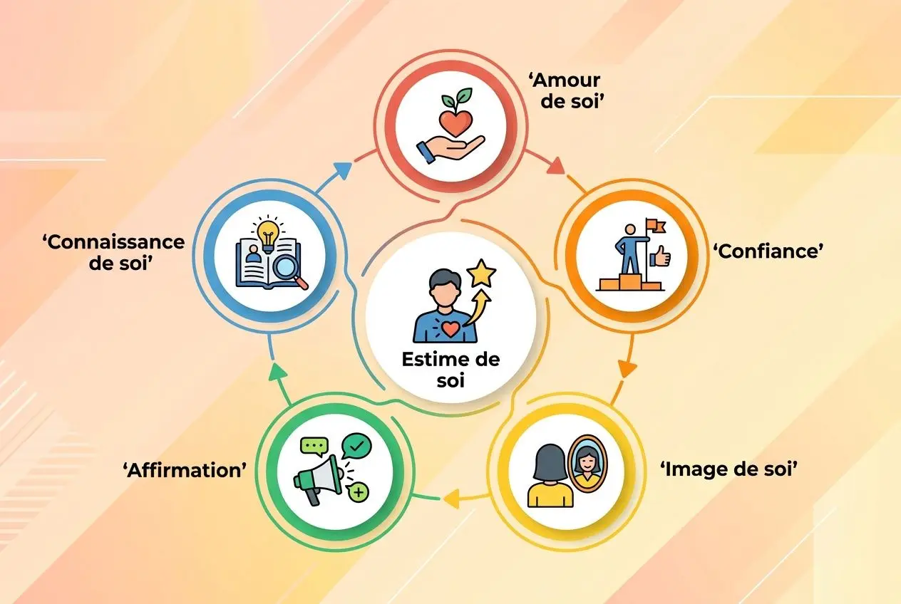 Diagramme circulaire illustrant l’estime de soi et les étapes pour être soi-même avec les autres, avec des icônes représentant amour de soi, confiance, image de soi, affirmation et connaissance de soi.