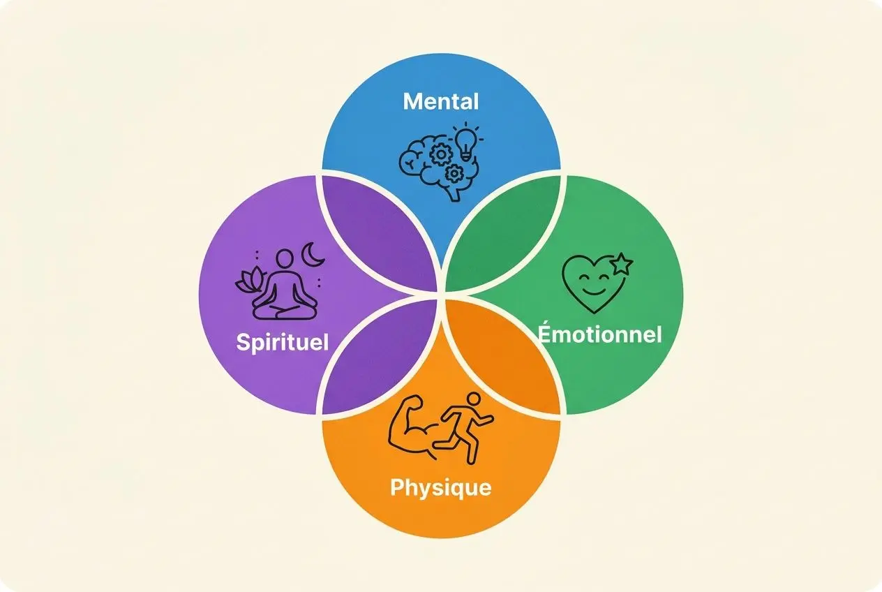 Diagramme couleur montrant les quatre dimensions du développement personnel définition: mental, spirituel, émotionnel et physique.