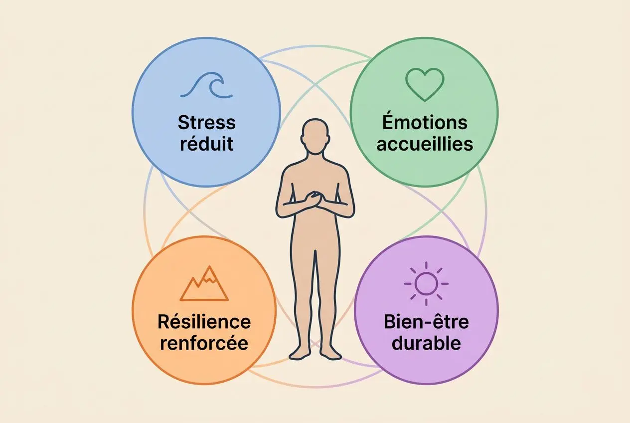 Diagramme illustrant les bienfaits du développement personnel: stress réduit, émotions accueillies, résilience renforcée et bien-être durable autour d’une silhouette centrale. pourquoi faire du développement personnel?