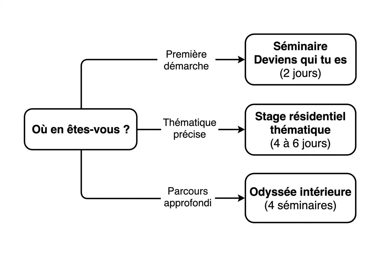Diagramme projetant "Où en êtes-vous ?" avec trois branches menant à des sessions: Première démarche -> Séminaire Déviens qui tu es (2 jours); Thématique précise -> Stage résidentiel thématique (4 à 6 jours); Parcours approfondi -> Odyssée intérieure (4 seminaires). Inclut le keyword atelier développement personnel paris intégré naturellement.