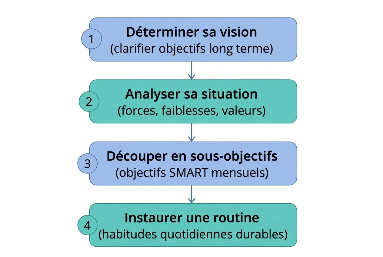 Diagramme vertical présentant le chemin de développement personnel étapes: 1) Déterminer sa vision, 2) Analyser sa situation, 3) Découper en sous-objectifs, 4) Instaurer une routine.