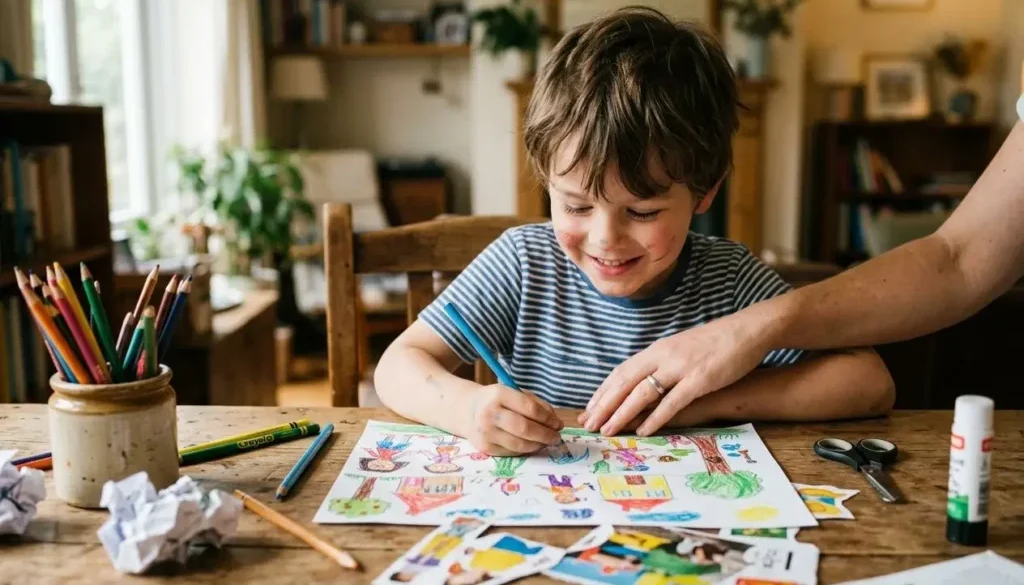 Enfant dessinant et coloriant sur une feuille, entouré de matériel artistique sur la table, avec une personne adulte supervisant. activité connaissance de soi enfant, créativité et concentration en jeu.