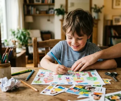 Enfant dessinant et coloriant sur une feuille, entouré de matériel artistique sur la table, avec une personne adulte supervisant. activité connaissance de soi enfant, créativité et concentration en jeu.