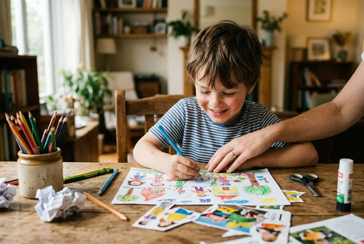 Enfant dessinant et coloriant sur une feuille, entouré de matériel artistique sur la table, avec une personne adulte supervisant. activité connaissance de soi enfant, créativité et concentration en jeu.