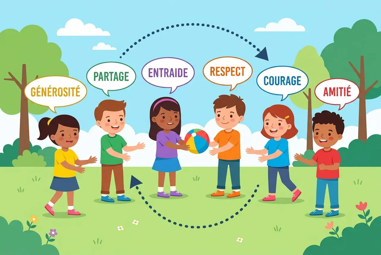 Enfants jouant au ballon dans un parc, entourés de bulles avec des mots comme générosité, partage, entraide, respect, courage et amitié, symbole d’activité connaissance de soi enfant.