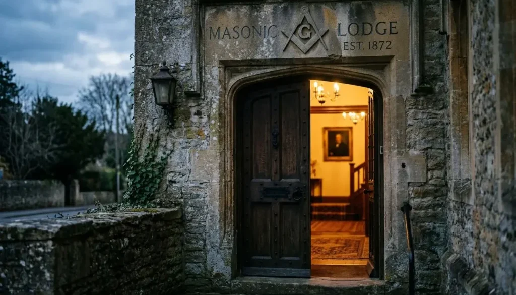 Entrée d’un lodge maçonnique en pierre, porte en bois ouverte sur une lumière chaleureuse à l’intérieur. Maçonnerie ancienne et inscription Masonic Lodge au-dessus. La scène évoque une atmosphère initiatique et mystérieuse. la connaissance de soi en franc maçonnerie est au cœur du décor.
