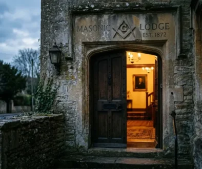 Entrée d’un lodge maçonnique en pierre, porte en bois ouverte sur une lumière chaleureuse à l’intérieur. Maçonnerie ancienne et inscription Masonic Lodge au-dessus. La scène évoque une atmosphère initiatique et mystérieuse. la connaissance de soi en franc maçonnerie est au cœur du décor.