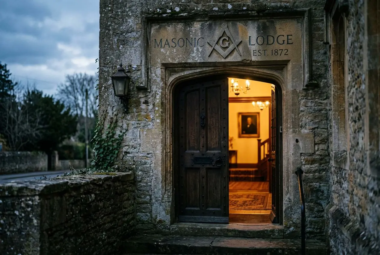 Entrée d’un lodge maçonnique en pierre, porte en bois ouverte sur une lumière chaleureuse à l’intérieur. Maçonnerie ancienne et inscription Masonic Lodge au-dessus. La scène évoque une atmosphère initiatique et mystérieuse. la connaissance de soi en franc maçonnerie est au cœur du décor.