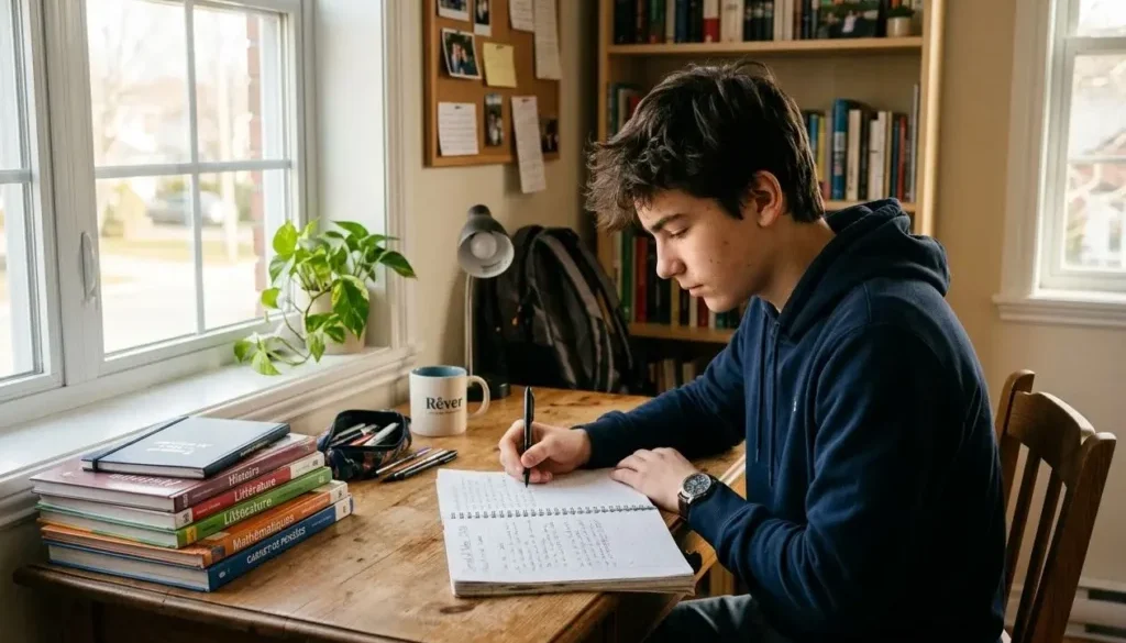 Étudiant adolescent assis à un bureau, écrivant dans un carnet, entouré de livres et d’un mug près de la fenêtre. Exercices connaissance de soi adolescent, questions guidées.