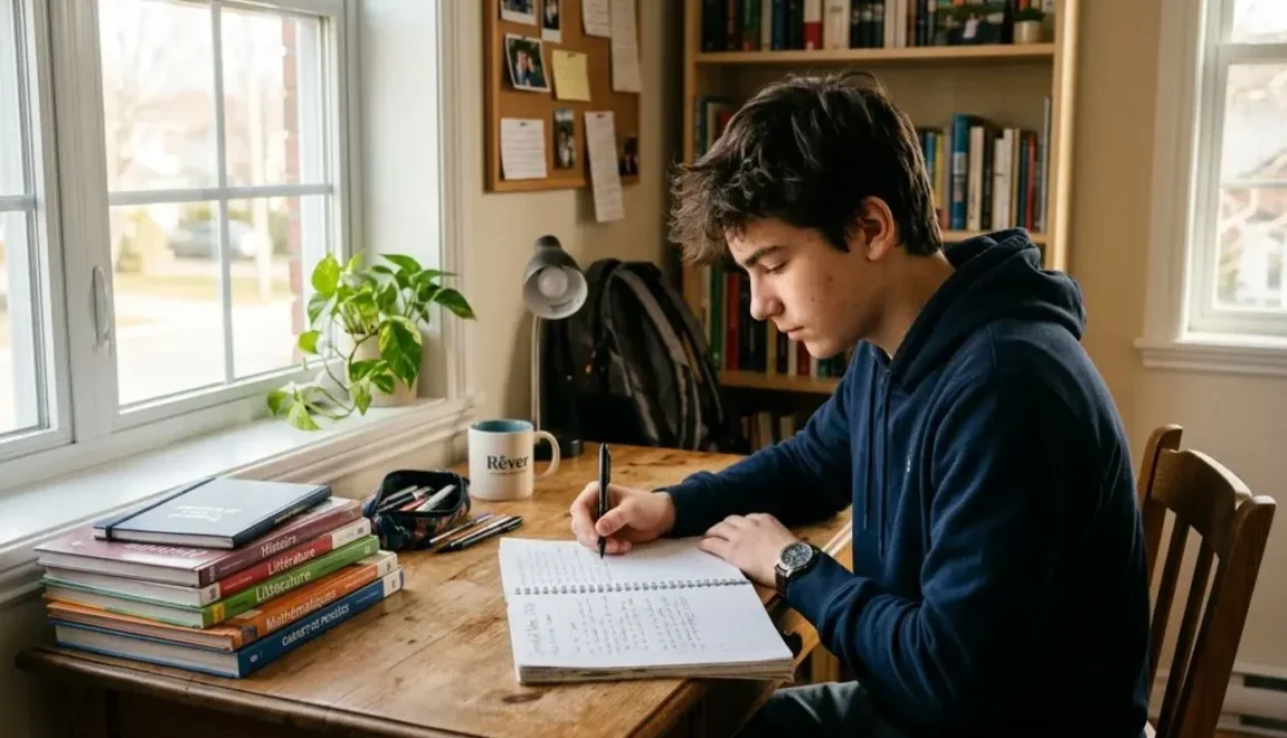 Étudiant adolescent assis à un bureau, écrivant dans un carnet, entouré de livres et d’un mug près de la fenêtre. Exercices connaissance de soi adolescent, questions guidées.