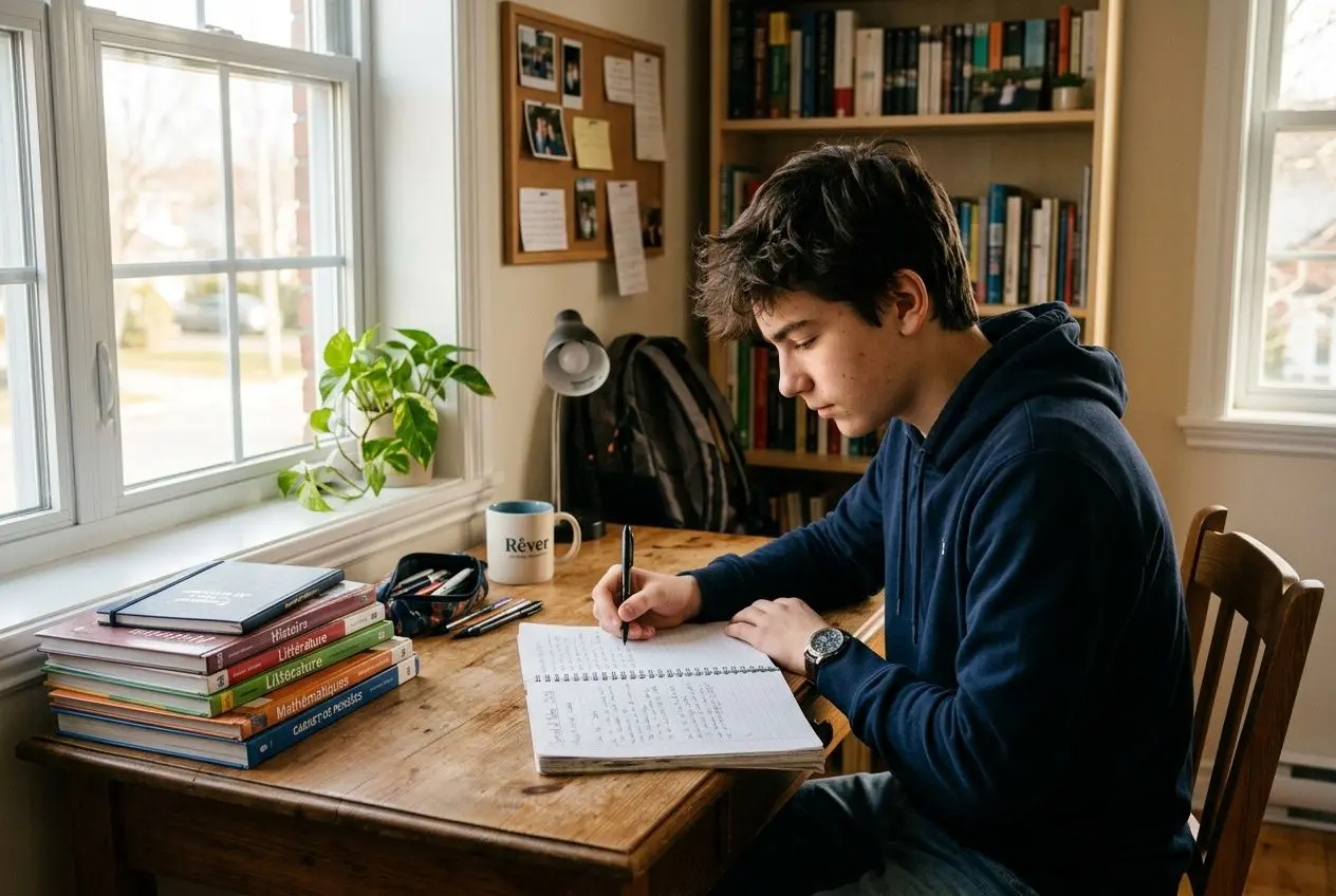 Étudiant adolescent assis à un bureau, écrivant dans un carnet, entouré de livres et d’un mug près de la fenêtre. Exercices connaissance de soi adolescent, questions guidées.