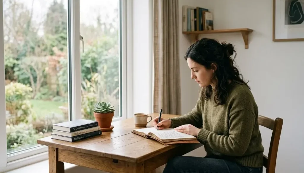 Femme assise à une table en bois près d’une fenêtre, écrivant dans un carnet, avec des livres empilés et une plante sur la table. développement personnel définition: présente une ambiance d’étude et de réflexion.