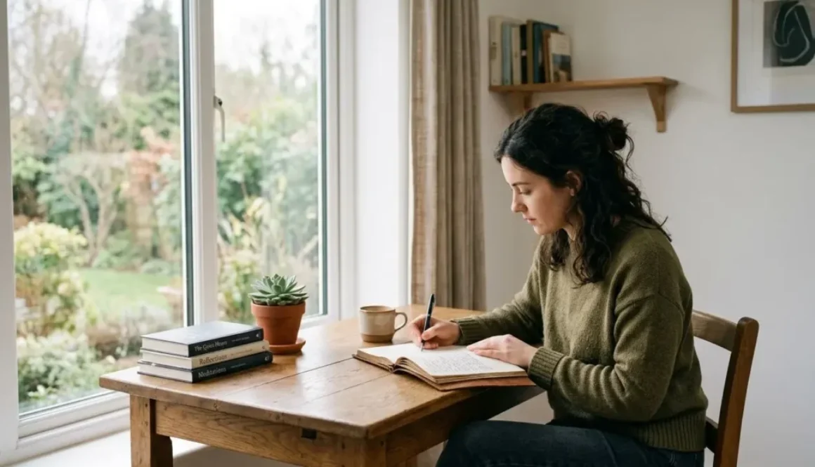 Femme assise à une table en bois près d’une fenêtre, écrivant dans un carnet, avec des livres empilés et une plante sur la table. développement personnel définition: présente une ambiance d’étude et de réflexion.