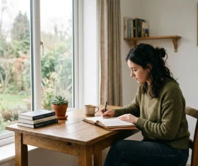 Femme assise à une table en bois près d’une fenêtre, écrivant dans un carnet, avec des livres empilés et une plante sur la table. développement personnel définition: présente une ambiance d’étude et de réflexion.