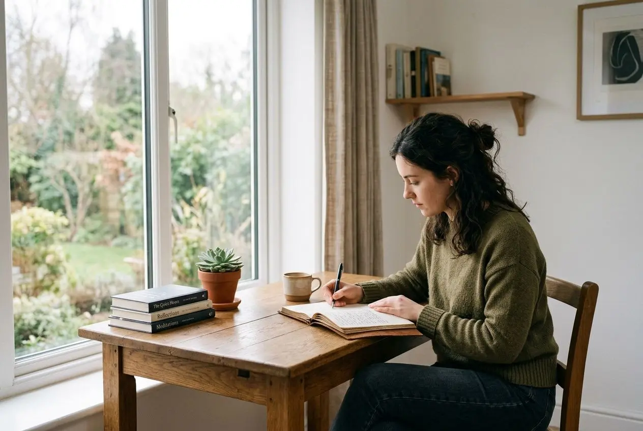 Femme assise à une table en bois près d’une fenêtre, écrivant dans un carnet, avec des livres empilés et une plante sur la table. développement personnel définition: présente une ambiance d’étude et de réflexion.