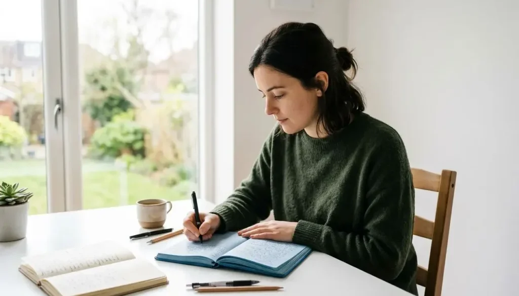 Femme écrivant dans un carnet bleu, sur une table blanche avec cahiers et stylos, près d’une fenêtre lumineuse. Plan de développement personnel.
