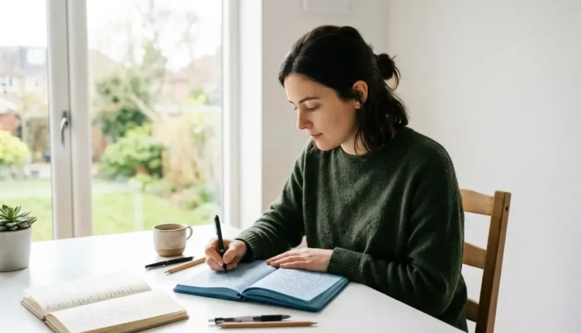 Femme écrivant dans un carnet bleu, sur une table blanche avec cahiers et stylos, près d’une fenêtre lumineuse. Plan de développement personnel.