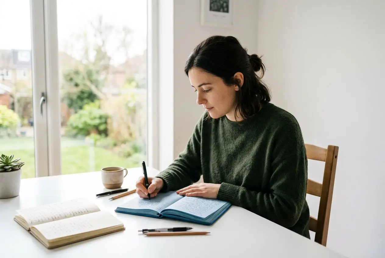 Femme écrivant dans un carnet bleu, sur une table blanche avec cahiers et stylos, près d’une fenêtre lumineuse. Plan de développement personnel.