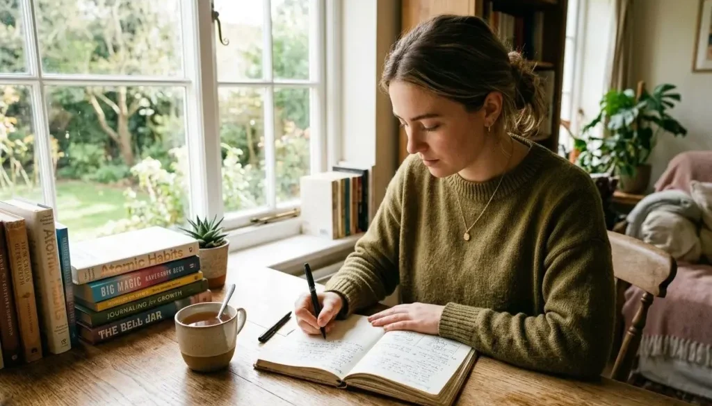 Femme écrivant dans un carnet près d'une fenêtre lumineuse, entourée de livres et d’une tasse, motif calme et réflexion sur le chemin de développement personnel étapes.
