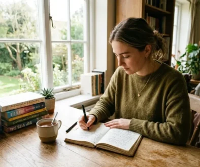 Femme écrivant dans un carnet près d'une fenêtre lumineuse, entourée de livres et d’une tasse, motif calme et réflexion sur le chemin de développement personnel étapes.
