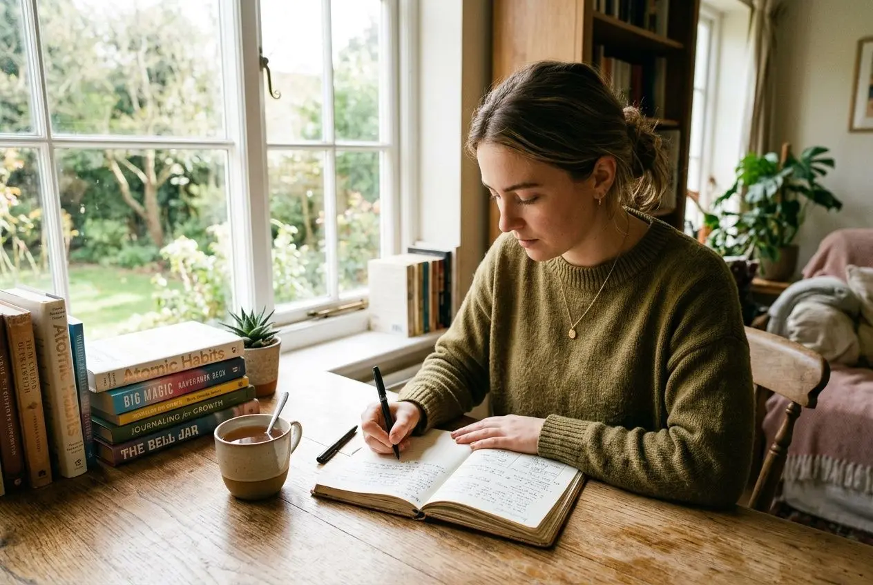 Femme écrivant dans un carnet près d'une fenêtre lumineuse, entourée de livres et d’une tasse, motif calme et réflexion sur le chemin de développement personnel étapes.