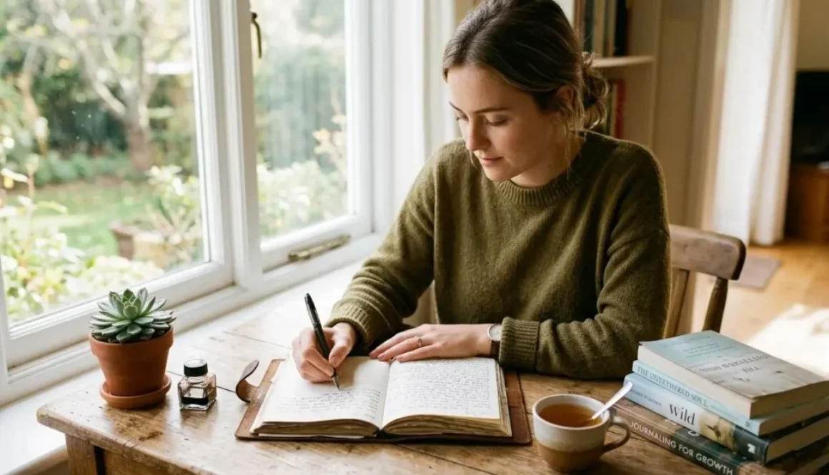Femme écrivant dans un journal près de livres, illustrant pourquoi faire du développement personnel